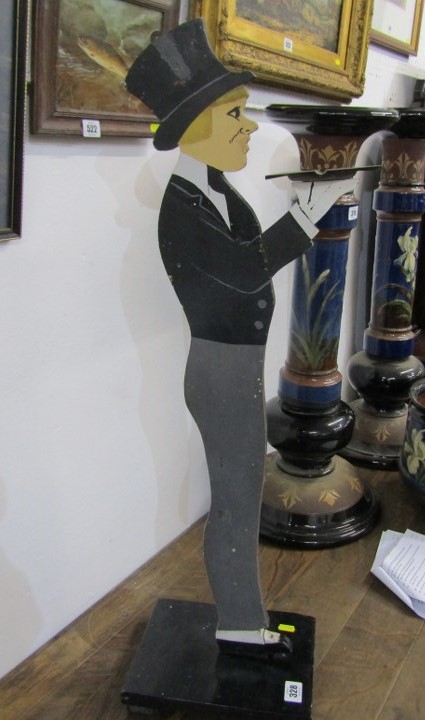 DUMBWAITER, painted wood figure of a butler, 85cm height