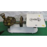 ANTIQUE SHOP KEEPERS SCALES, set of balance scales, 49cm width with assorted weights including brass