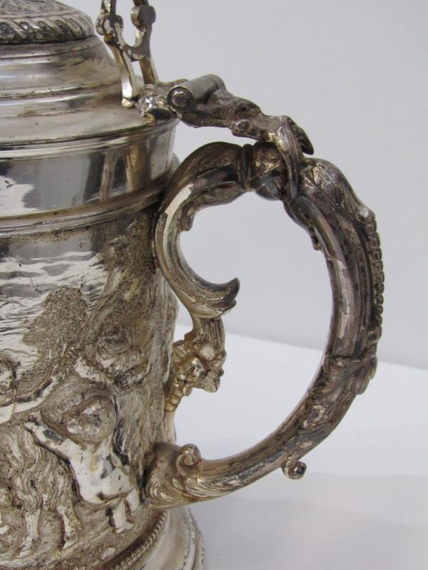 19th CENTURY PLATED BEER JUG, body decorated a continuous landscape of putti in relief with mask - Image 3 of 9