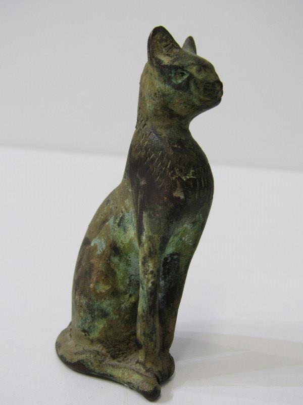 ANCIENT EGYPTIAN BRONZE CAT, 6.5cm height, together with a primitive stone cut seated cat figure, - Image 5 of 12