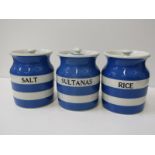 CORNISHWARE, 3 T G Green lidded storage jars, Salt, Sultanas and Rice with black T G Green mark to