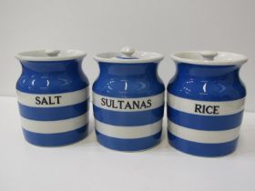 CORNISHWARE, 3 T G Green lidded storage jars, Salt, Sultanas and Rice with black T G Green mark to