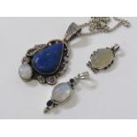 GOOD SELECTION OF SILVER PENDANTS, including lapis lazuli and moon stone, also silver belcher link