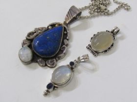 GOOD SELECTION OF SILVER PENDANTS, including lapis lazuli and moon stone, also silver belcher link