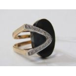 YELLOW METAL, TESTS 14ct GOLD ONYX & DIAMOND DESIGNER RING, unusual abstract form, size L
