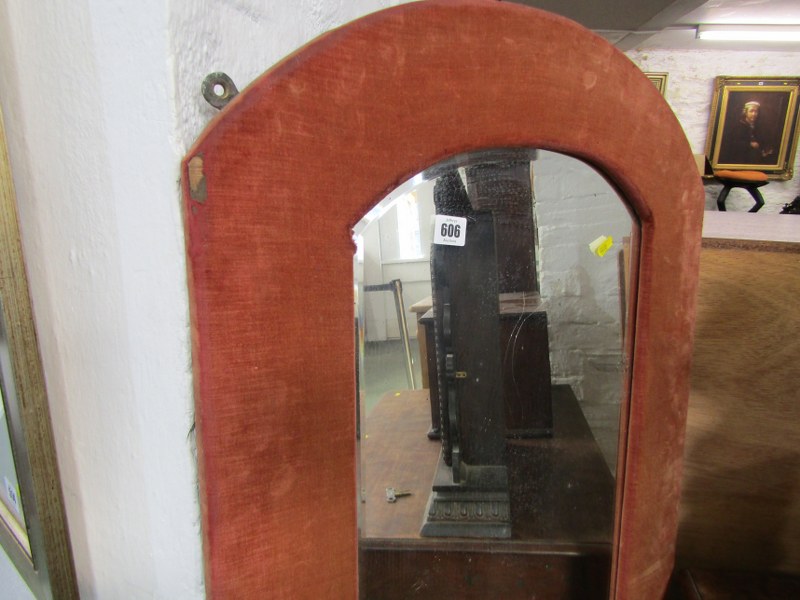 BEVEL EDGED WALL MIRROR, shaped mirror in an upholstered frame with lower shaped shelf, 138cm height - Image 2 of 5
