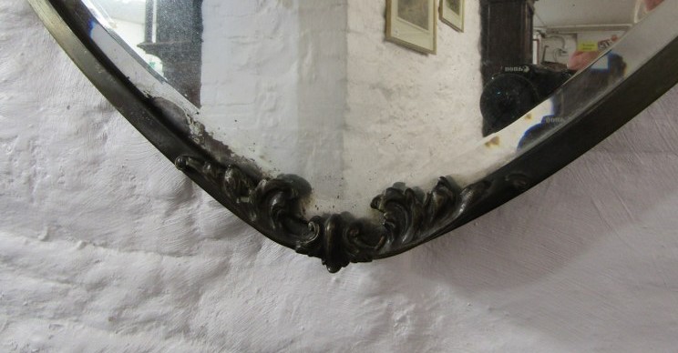 SHIELD SHAPE MIRROR, brass framed shield shaped, bevel edged mirror, 70cm width - Image 3 of 4