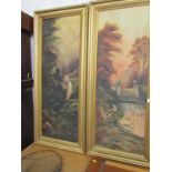 OILS ON CANVAS, pair of Victorian style oils on canvas, "Garden scene with lady" and "Lake scene