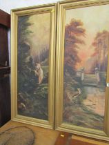 OILS ON CANVAS, pair of Victorian style oils on canvas, "Garden scene with lady" and "Lake scene