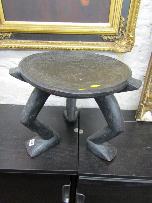 CARVED ETHNIC STOOL, African 3 legged stool, (1 foot a/f) 40cm diameter