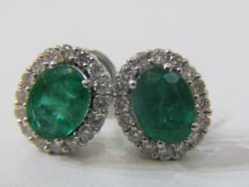 FABULOUS PAIR OF 18ct WHITE GOLD EMERALD & DIAMOND STUD EARRINGS, each emerald approx. 1.5carat
