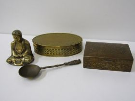 EASTERN BRASS, seated Buddha figure, foliate decorated cigarette box, engraved oval trinket box with