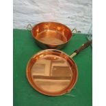 ANTIQUE COPPER, 19th century copper pan with 2 brass handles stamped Winchcombe Manor 34cms also a