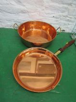 ANTIQUE COPPER, 19th century copper pan with 2 brass handles stamped Winchcombe Manor 34cms also a