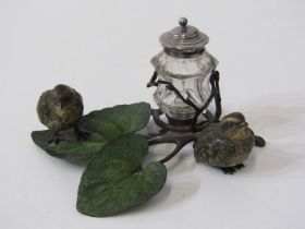 AUSTRIAN COLD PAINTED BRONZE INK WELL, decorated two birds on two leaves, ink well possibly later,