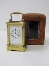 MINIATURE BRASS CASED CARRIAGE CLOCK, in fitted case, 7cm height in fitted case