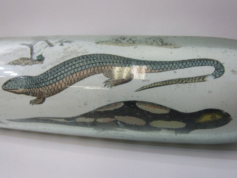 ANTIQUE GLASS, antique glass rolling pin, internally decorated with prints including military - Image 8 of 10