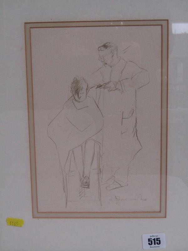 ENGLISH SCHOOL, pencil sketch "Boy in a barbers chair", circa 1950, indistinctly signed, 24cm x 16cm - Image 2 of 2