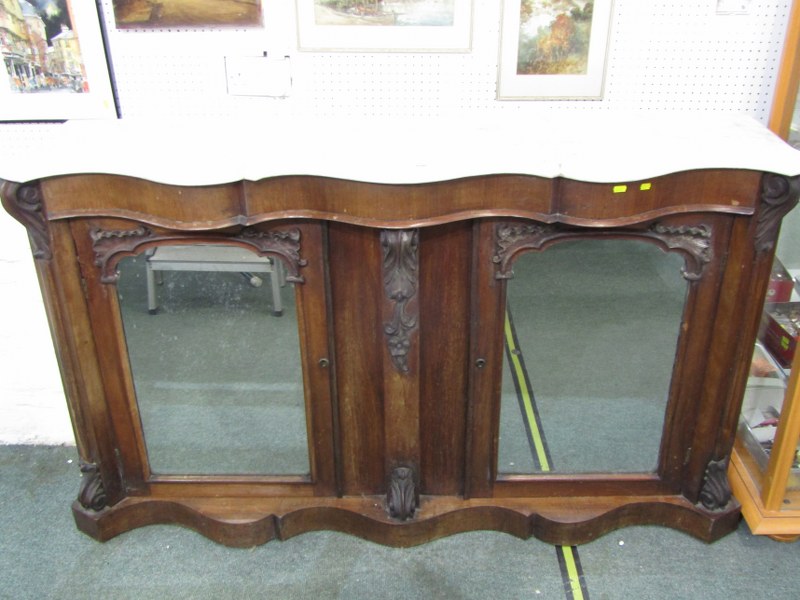 VICTORIAN SIDE CABINET, mahogany veneered double serpentine fronted side cabinet with white marble - Image 2 of 3