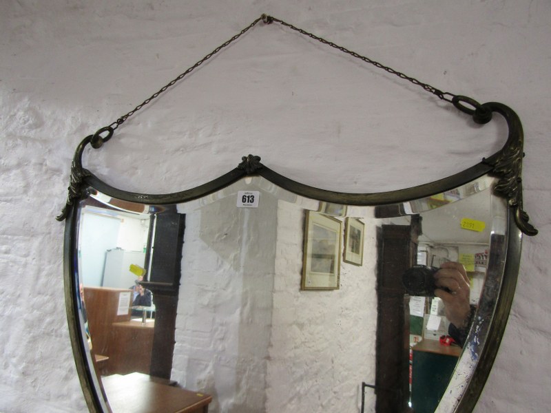 SHIELD SHAPE MIRROR, brass framed shield shaped, bevel edged mirror, 70cm width - Image 4 of 4