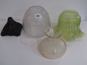 LAMP SHADES, yellow vaseline glass oil lamp shade, also an etched glass lamp shade and ornate cast