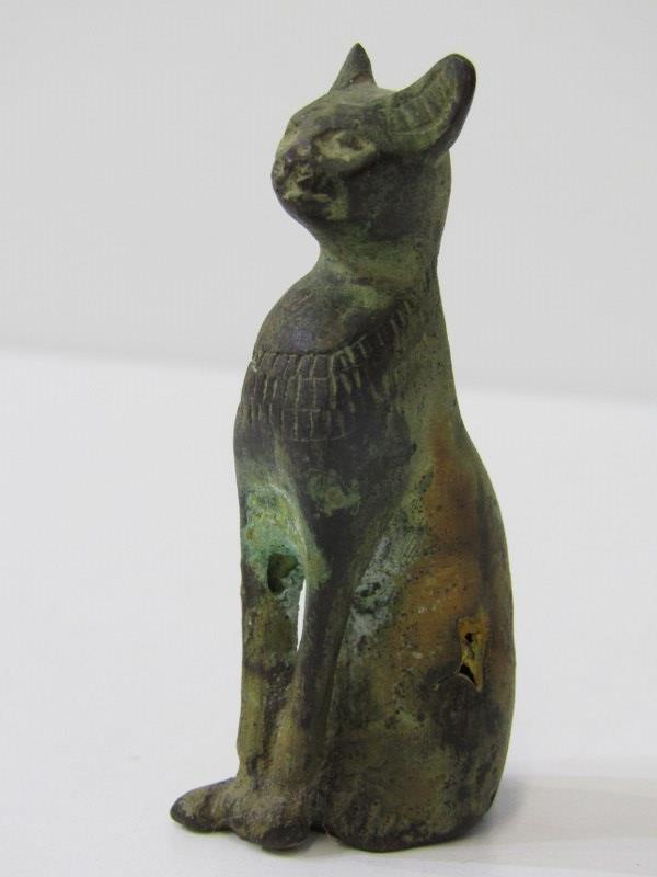 ANCIENT EGYPTIAN BRONZE CAT, 6.5cm height, together with a primitive stone cut seated cat figure, - Image 2 of 12