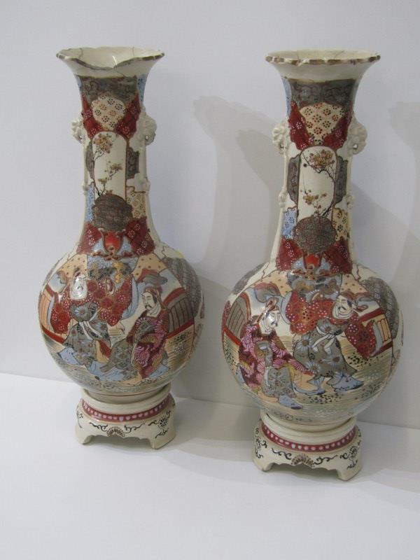 ORIENTAL CERAMICS, pair of Japanese satsuma, baluster form vases, decorated with warriors with crude