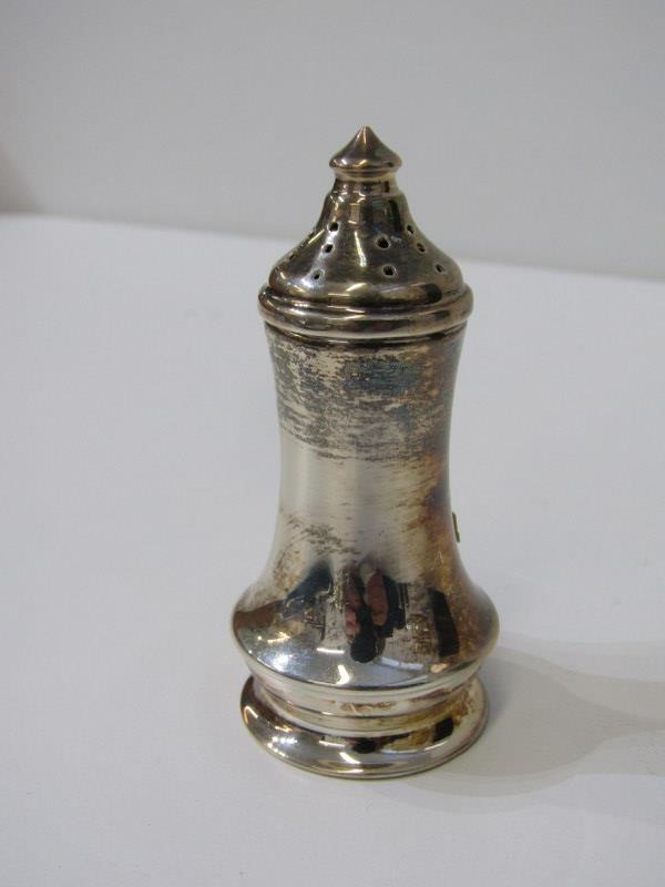 SILVER SUGAR CASTOR of baluster form with pierced lid, Birmingham HM, 14cm height, also a salt and - Image 5 of 5
