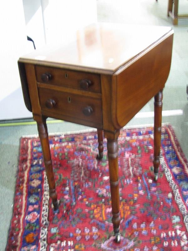 19th CENTURY MAHOGANY WORK TABLE, drop leaf table fitted 2 drawers, on turned supports and castor - Image 2 of 5