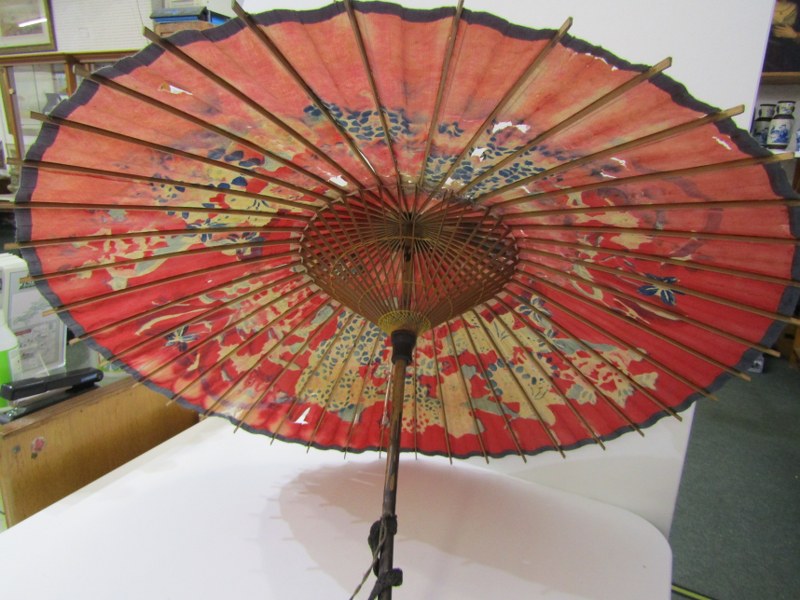 WALKING STICKS & PARASOLS, oriental hand painted, floral decorated parasol, a leather handled - Image 4 of 11