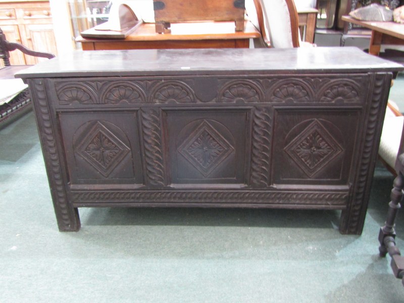 18th CENTURY CARVED OAK COFFER with 3 panelled front, carved motifs, rising top with later hinges, - Image 2 of 4