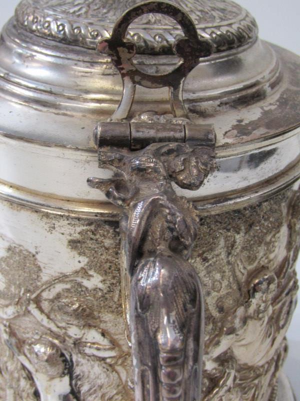 19th CENTURY PLATED BEER JUG, body decorated a continuous landscape of putti in relief with mask - Image 6 of 9