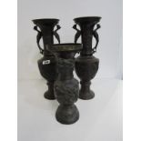 ANTIQUE JAPANESE BRONZE VASES, pair of exotic bird handled vases, decorated with birds in a