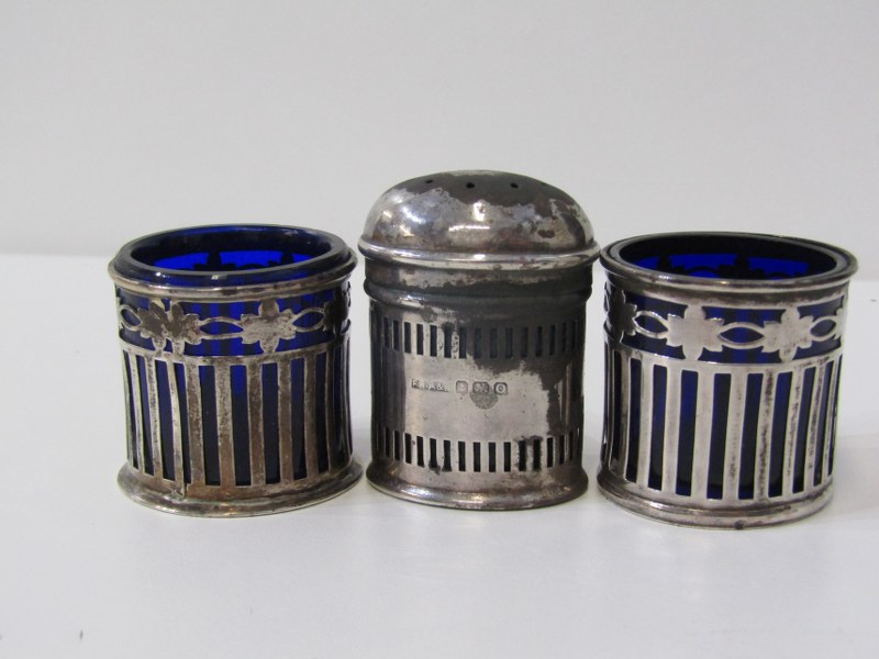 SILVER SALTS, pair of silver salts with blue glass liners, Birmingham HM, similar pepperette, silver - Image 3 of 5