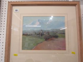 JOHN HENSON, oil "Continental Landscape of the village before the Alps", 22cm x 28cm