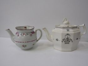 ANTIQUE ENGLISH POTTERY, globular shaped pearlware teapot and lid, decorated with floral garlands,