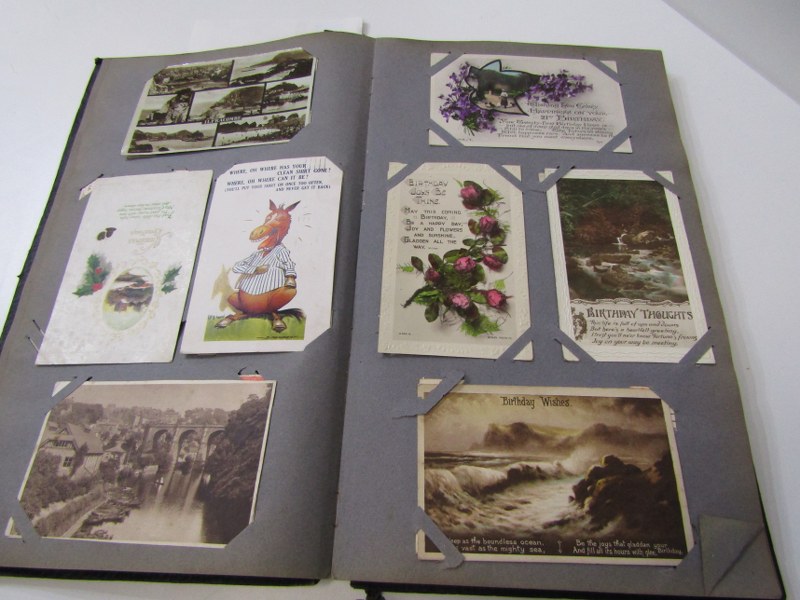 EDWARDIAN POSTCARD ALBUM, containing approx, 150 assorted view cards, also sentimentals, humour, etc - Image 5 of 14