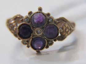 9ct YELLOW GOLD AMETHYST CLUSTER RING, size L/M