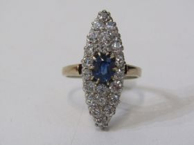 18ct YELLOW GOLD SAPPHIRE & DIAMOND NAVETTE SHAPE CLUSTER, principal cushion cut vivid blue sapphire