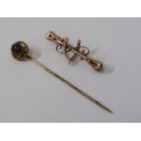 GOLD BROOCH AND STICK PIN, a vintage 9ct yellow gold wishbone brooch, 3.5cm length, together with