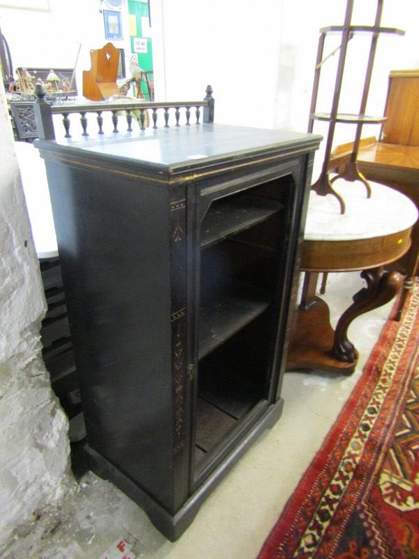 CARVED OPEN DISPLAY CABINET, ebonised display cabinet with foliate decoration to the frame, single - Image 2 of 2