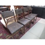 LATE 19th CENTURY LEATHER SEATED DINING CHAIRS, the embossed leather with floral decoration in