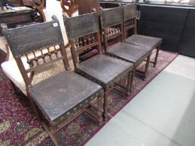 LATE 19th CENTURY LEATHER SEATED DINING CHAIRS, the embossed leather with floral decoration in