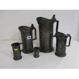 ANTIQUE FRENCH PEWTER MEASURING JUGS, lidded 2 litre measuring jug stamped "T Boulanget", 27cm