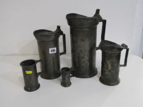 ANTIQUE FRENCH PEWTER MEASURING JUGS, lidded 2 litre measuring jug stamped "T Boulanget", 27cm