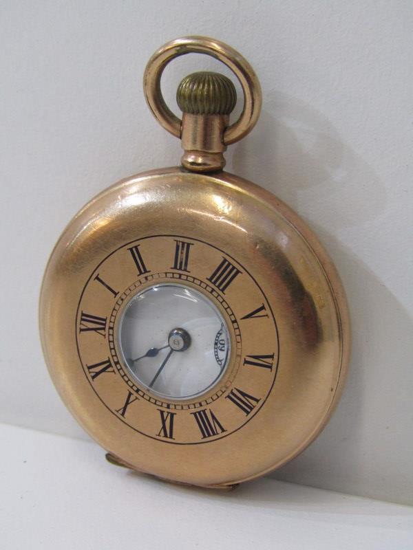 HALF HUNTER POCKET WATCH AND WATCH CHAIN, Star gold plated half hunter pocket watch, together with a - Image 2 of 5
