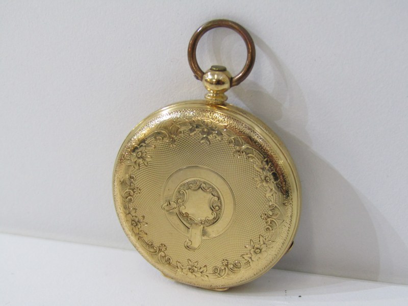 18ct YELLOW GOLD CASED LADY'S FOB WATCH, metal dust cover, 31.3 grams inc. movement and glass - Image 2 of 2