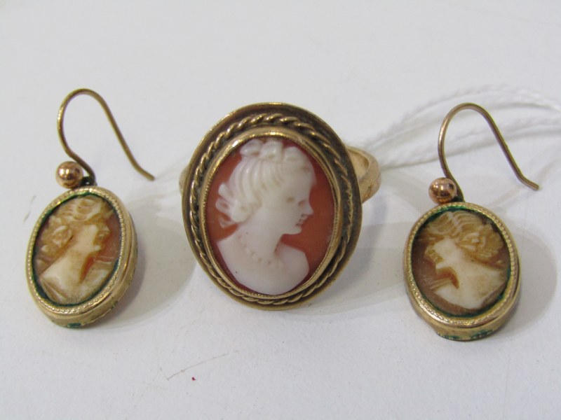 CAMEO RING, 9ct yellow gold ring set an oval cameo , size L/M, together with a pair of cameo