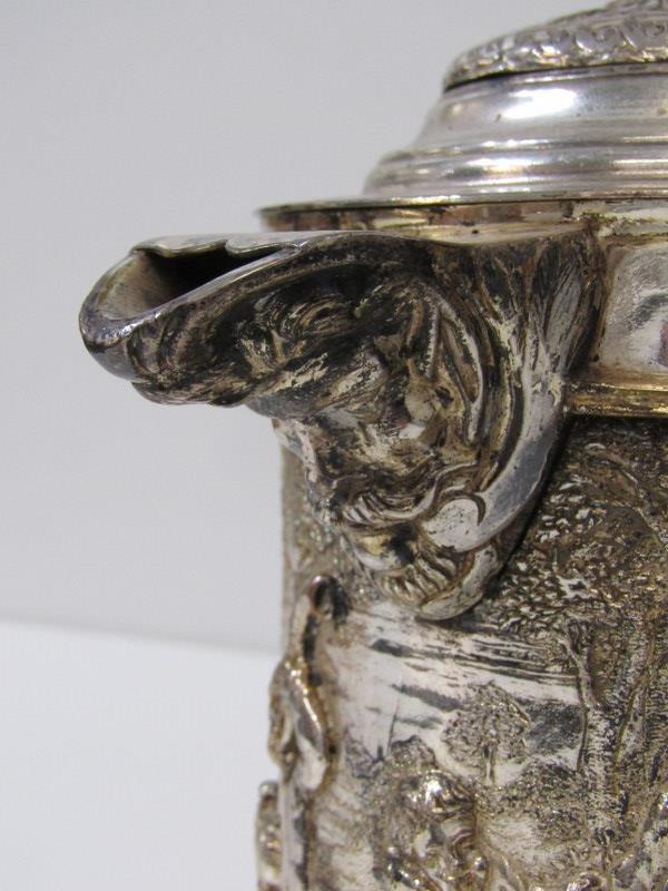 19th CENTURY PLATED BEER JUG, body decorated a continuous landscape of putti in relief with mask - Image 8 of 9
