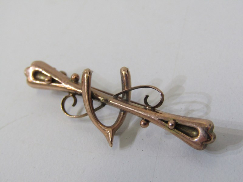 GOLD BROOCH AND STICK PIN, a vintage 9ct yellow gold wishbone brooch, 3.5cm length, together with - Image 2 of 3